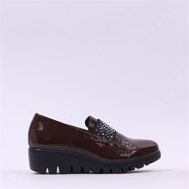 Wonders Sparkle Stud Band Wedge Shoe - Brown Patent